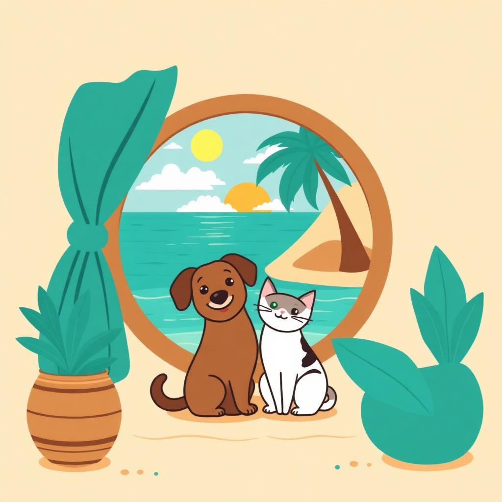 Un perro y un gato tranquilos en su casa frente a una ventana con vista al mar